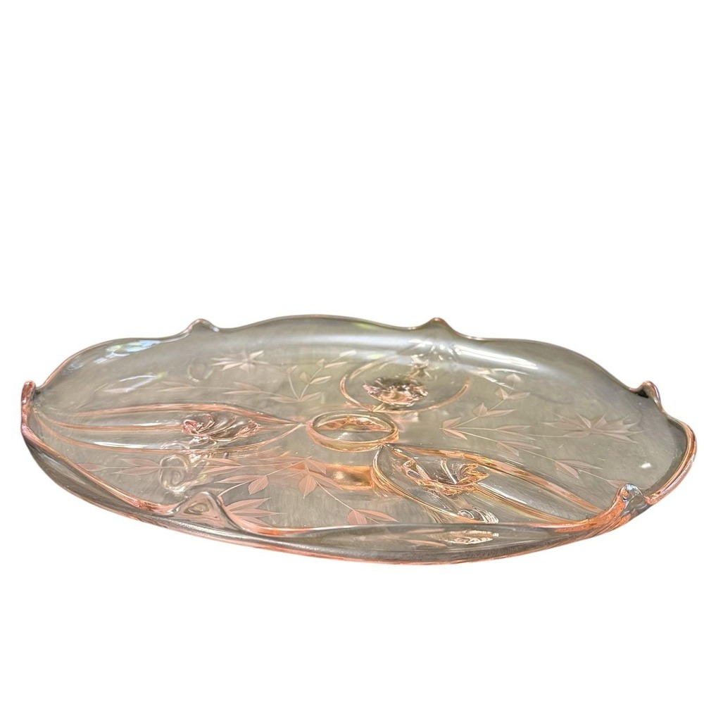 Vintage Pink Depression Glass 10" Round 3 Footed Dish Etched Floral